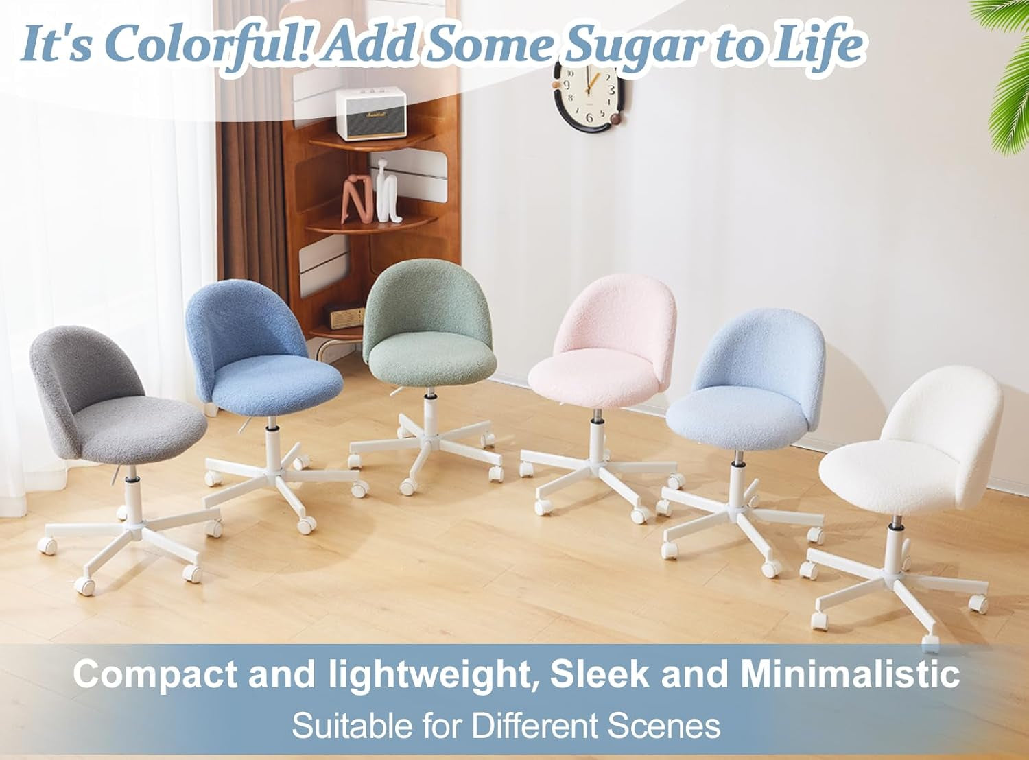 Modern Vanity Chair with Back, Velvet Desk Chair for Girls, Small Office Chair with Silent Wheels， Stylish and Comfortable, White