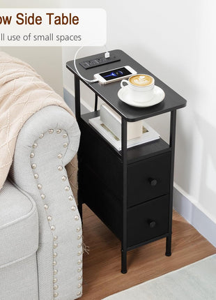 Narrow End Table with Integrated Charging Station - Slim Side Table Featuring Fabric Drawers for Living Room and Bedroom, Perfect for Compact Spaces, Black, Model HETNDP02BK-1