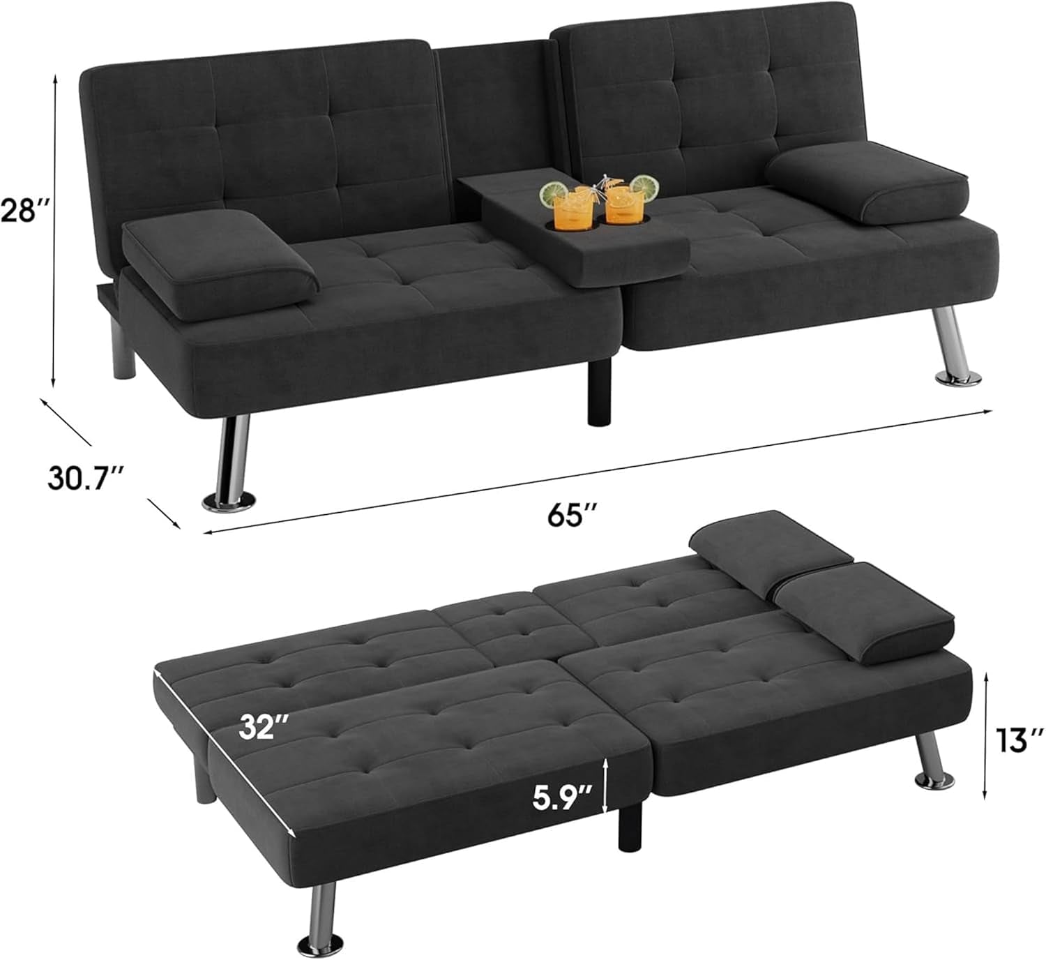 Futon Sofa Bed Modern Folding Futon Set Linen Fabric Convertible Recliner Lounge for Living Room with 2 Cup Holders, Removable Armrests (Fabric, Carbon Black)
