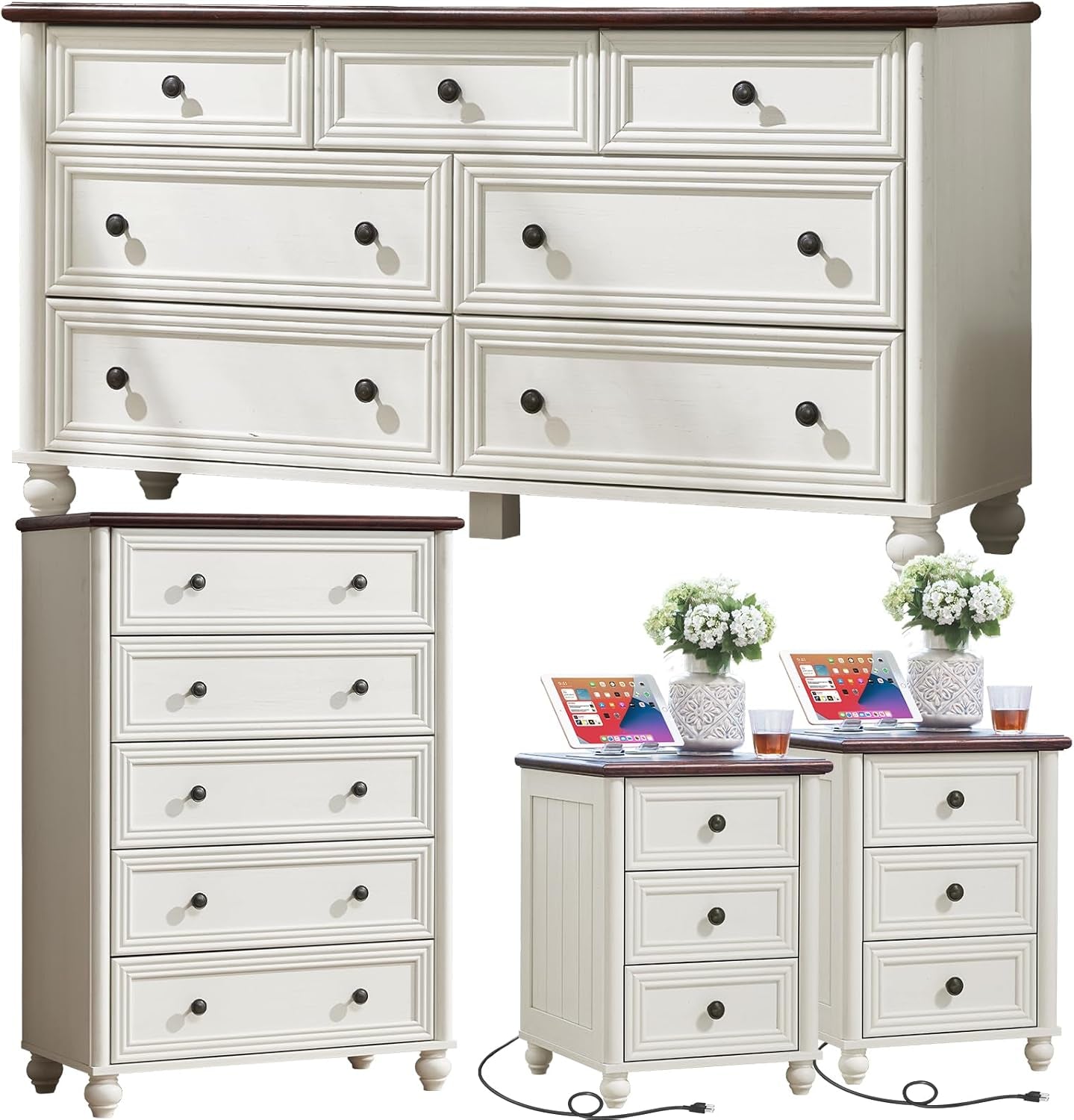 Farmhouse Dressers & Night Stand Set of 4, Wood 54" Wide Dresser & 45" Tall Chest of Drawers, 18" with Charging Station Nightstand Set of 2, Bedroom Furniture Dresser Set for Home Living Room Hallway