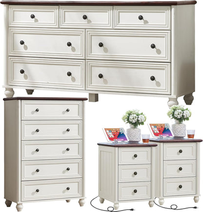 Farmhouse Dressers & Night Stand Set of 4, Wood 54" Wide Dresser & 45" Tall Chest of Drawers, 18" with Charging Station Nightstand Set of 2, Bedroom Furniture Dresser Set for Home Living Room Hallway
