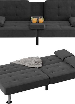 Modern Convertible Futon Sofa Bed with Recliner Lounge and Removable Armrests, Black PU Leather, Featuring Dual Cup Holders