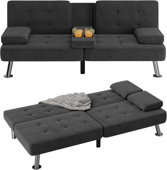 Futon Sofa Bed Modern Folding Futon Set Linen Fabric Convertible Recliner Lounge for Living Room with 2 Cup Holders, Removable Armrests (Fabric, Carbon Black)