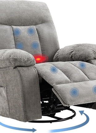 Rocker Recliner Chair with Swivel Function, Vibration Massage, and Lumbar Heating - 270° Rotating Chenille Fabric Recliner with Footrest for Living Room and Bedroom, Beige