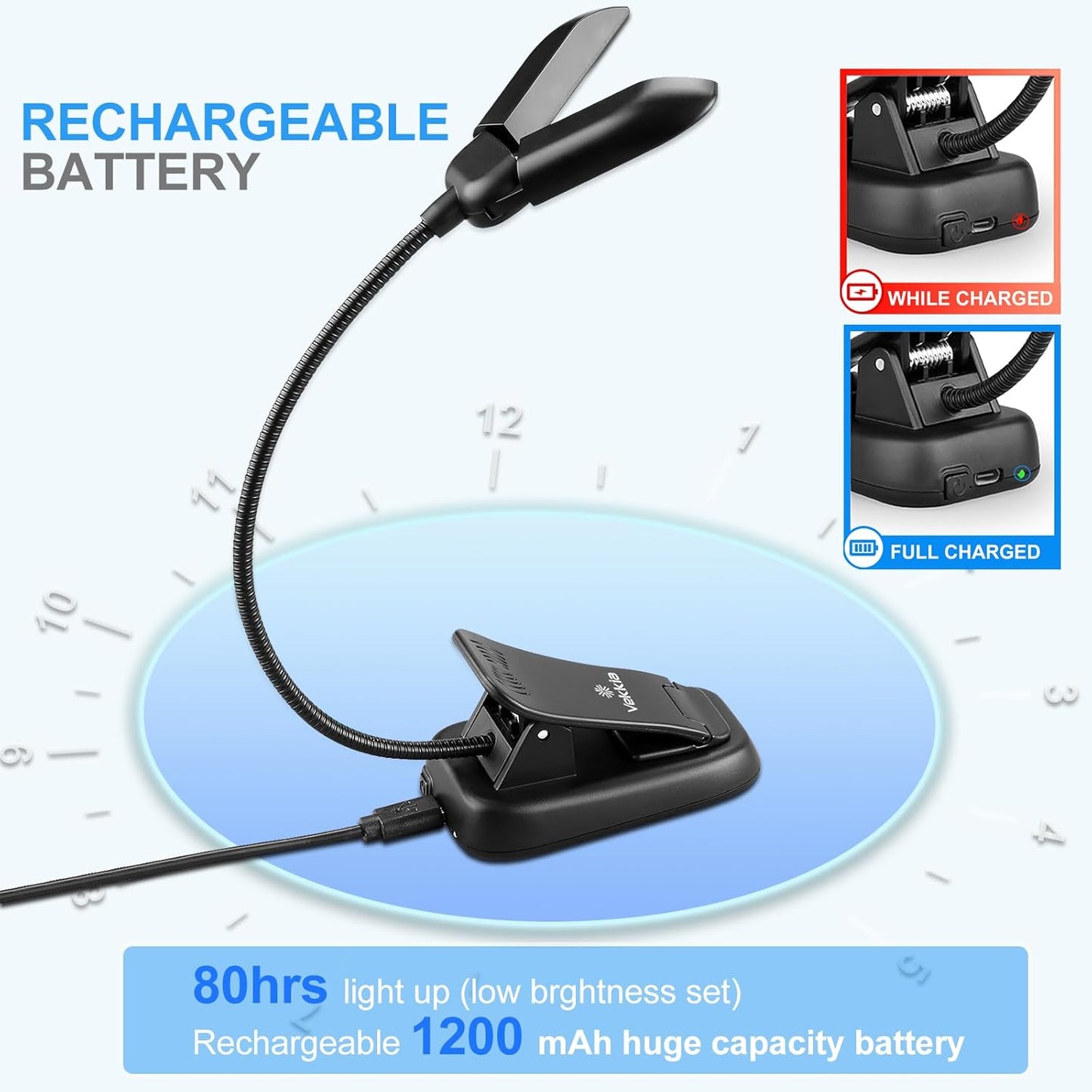 14 LED Rechargeable Book Light for Reading at Night, Eye-Care Reading Light for Books in Bed, 180° Adjustable, Clip on Lamp, 3 Color Temperatures, Lightweight, Present for Reader