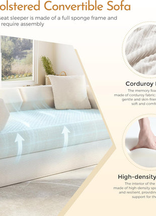 79'' Convertible Sofa Bed - Multifunctional 5-in-1 Folding Futon Couch, Space-Efficient Corduroy Sleeper for Living Room and Bedroom (Beige White)