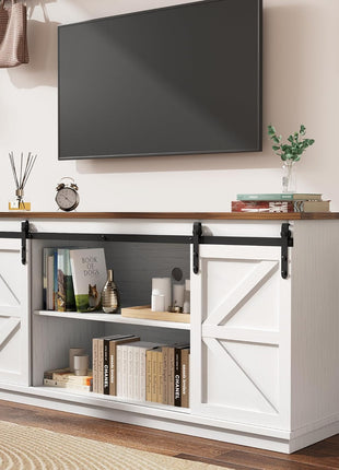 Farmhouse-Inspired TV Stand for Up to 65-Inch Televisions with Sliding Barn Doors and Storage Cabinets, 58-Inch Console Table and Media Furniture in White