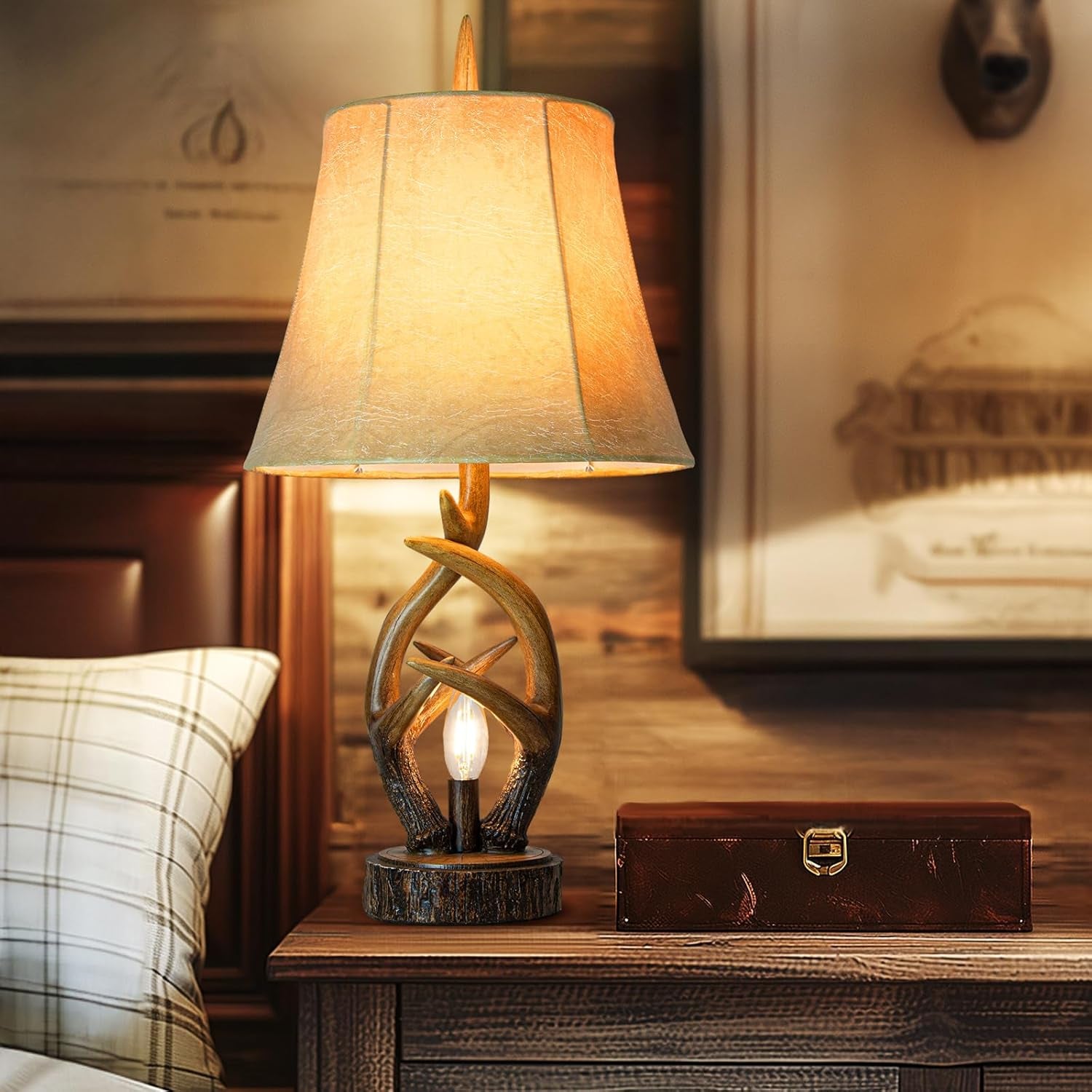 Rustic Farmhouse Antlers Bedside Table Lamp Set of 2 with Nightlight Dual USB Ports Leather Soft Bell Shade Brown Finish Nightstand Lamp Decor for Living Room Bedroom Office House Hotel