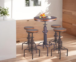 5 Piece Industrial Bar Set Water Pipe Fire Hydrant Design Height Adjustable, 31.5"-41.3" Vintage Dining Table and 23.6"-29.5" Wood Seat Metal Stools Set of 4 for Living Room, Coffee Shop, Bars