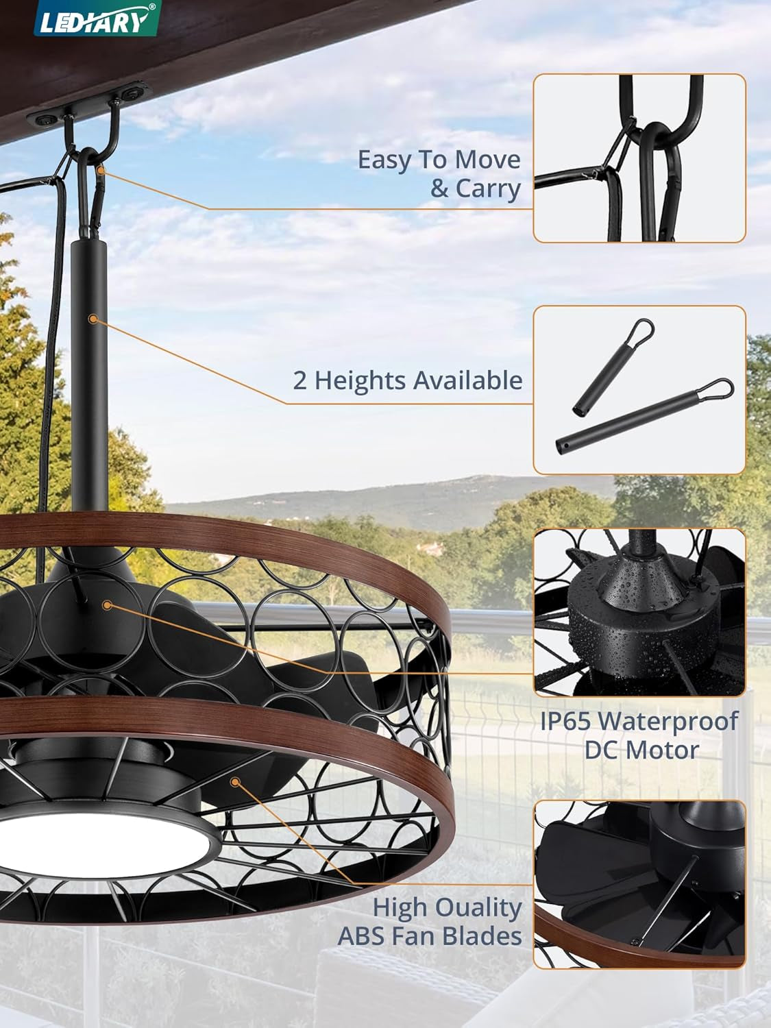 Outdoor Ceiling Fan with Light and Remote,Waterproof Gazebo Fan with Hanging Hook,6 Speeds, 3CCT, 20 Inch Caged Plug in Ceiling Fan for Patios,Porch, Pergola,Canopy
