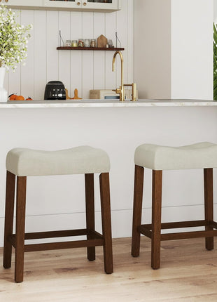 Set of 2 Upholstered 24" Counter Height Saddle Bar Stools with Footrest and Wooden Legs, Farmhouse Button-Tufted Backless Design for Kitchen Island, Dining Room, and Café in Beige and Brown