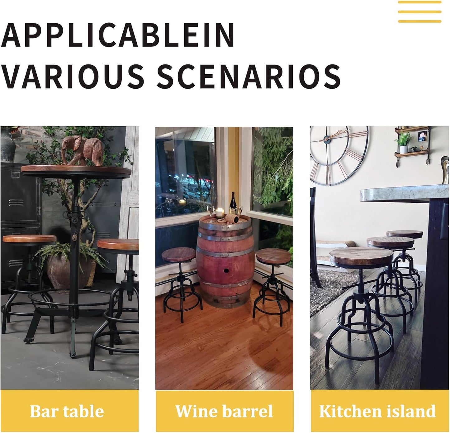 Vintage Industrial Bar Stool-Rustic Swivel Barstools-Round Wood Metal Base-Kitchen Counter Height Adjustable Pipe Stool-Cast Steel Chairs 20-27 Inch (Set of 2)