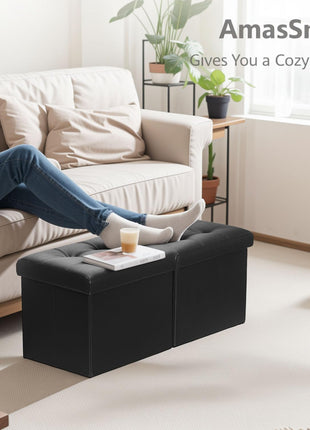 34-Inch Black Leather Storage Ottoman Bench with Padded Seat and Flip-Top Lid for Living Room and Bedroom