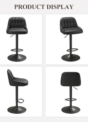 Set of 3 Contemporary Adjustable Swivel Bar Stools with Tufted Backrest, PU Leather Upholstery, Counter Height for Bar, Kitchen Island, and Dining Room, Black