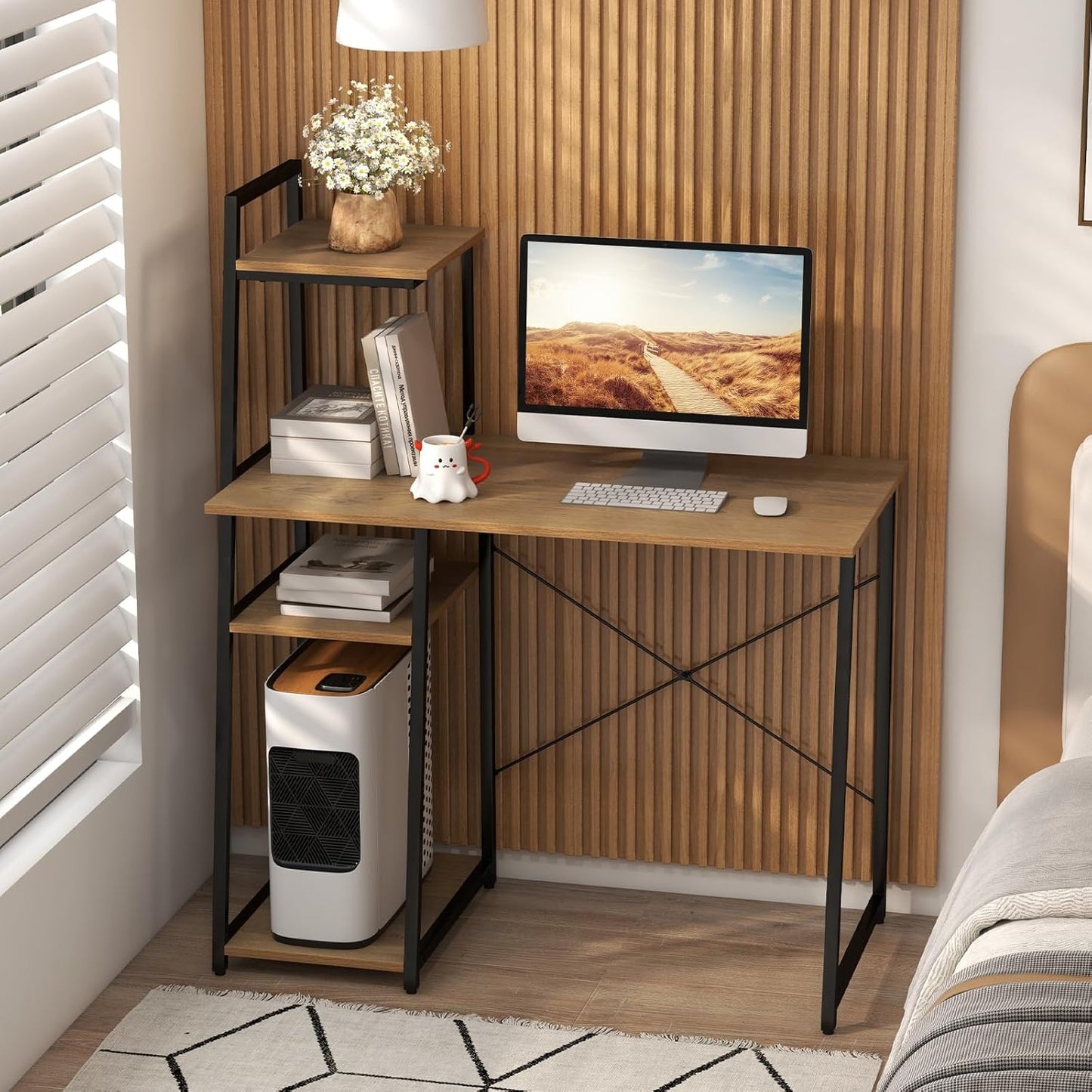 Computer Desk with 4-Tier Storage Shelves, Home Office Desk Writing Table with Sturdy X-Shape Frame, Adjustable Foot Pads, Modern Small Study Desk, Wide Tabletop (Natural and Black)