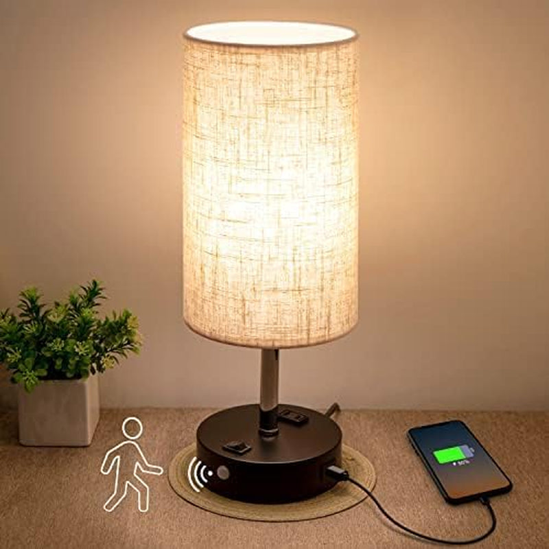 Table Lamp with Motion Sensor and Constant on Mode, USB Lamp Include Warm White Bulb, Built in USB Port & AC Outlet, Bedside Lamp Idea for Bedroom Retro Cream