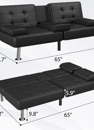 Modern Convertible Futon Sofa Bed with Recliner Lounge and Removable Armrests, Black PU Leather, Featuring Dual Cup Holders