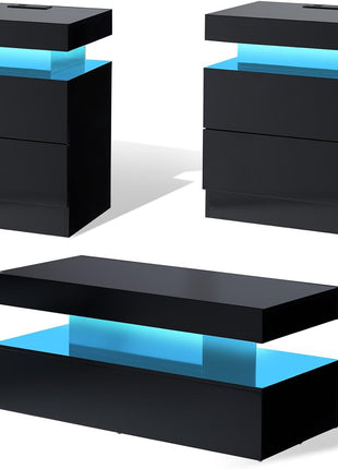 Chic Black 3-Piece LED Coffee Table Set with Charging Stations for Modern Living Spaces