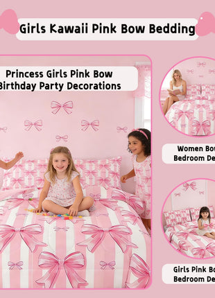Pink Bowknot Comforter Set - Full Size Dreamy Princess Bedding for Girls' Bedrooms, Kawaii Geometric Bow-Tie Design, All-Season Comforter Set
