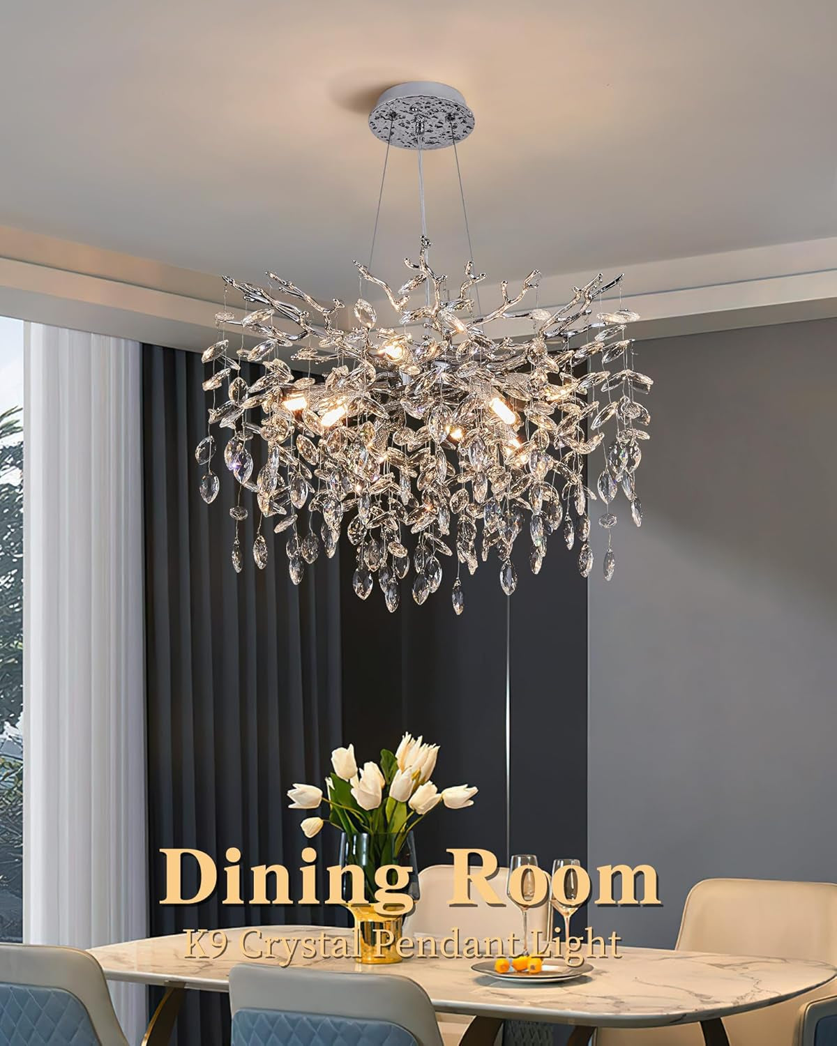 Modern Tree Branch Crystal Chandelier Luxury Silver Crystal Pendant Lighting 23.6" Contemporary 8-Light Chandeliers for Dining Room Kitchen Bedroom Living Room
