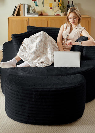 74.6" Oversized Round Chaise Lounge Chair with Ottoman - Fluffy Upholstered Corduroy Deep Seat Large Boneless Circle Sofa for Living Room and Bedroom, No Assembly Required, Black