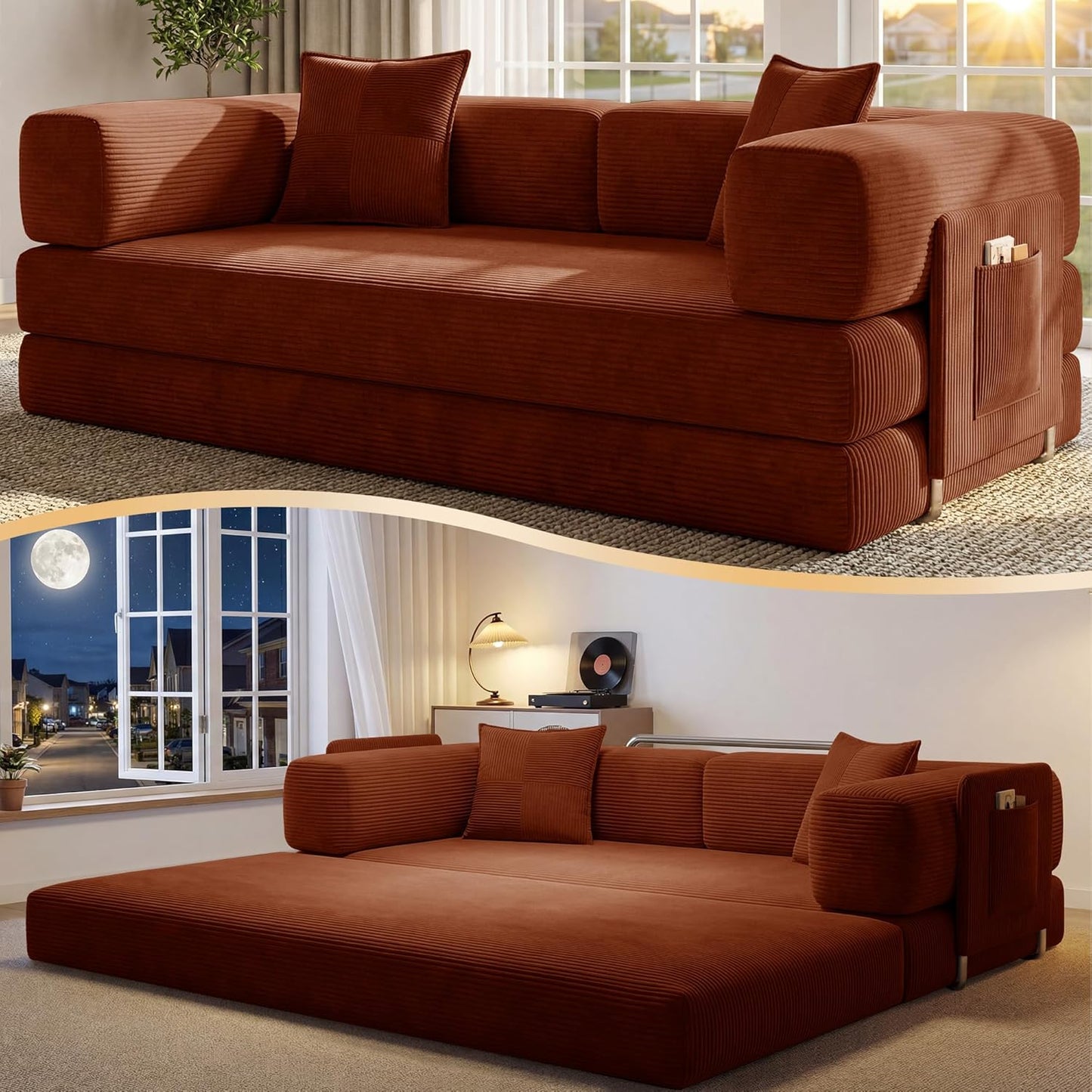 78.8" Convertible Futon Sofa Bed,Corduroy Futon Couch with Storage Pocket,Folding Pull Out Sofa,No Assembly Boneless Couch for Living Room,Orange