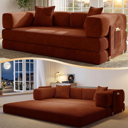 78.8" Convertible Futon Sofa Bed,Corduroy Futon Couch with Storage Pocket,Folding Pull Out Sofa,No Assembly Boneless Couch for Living Room,Orange