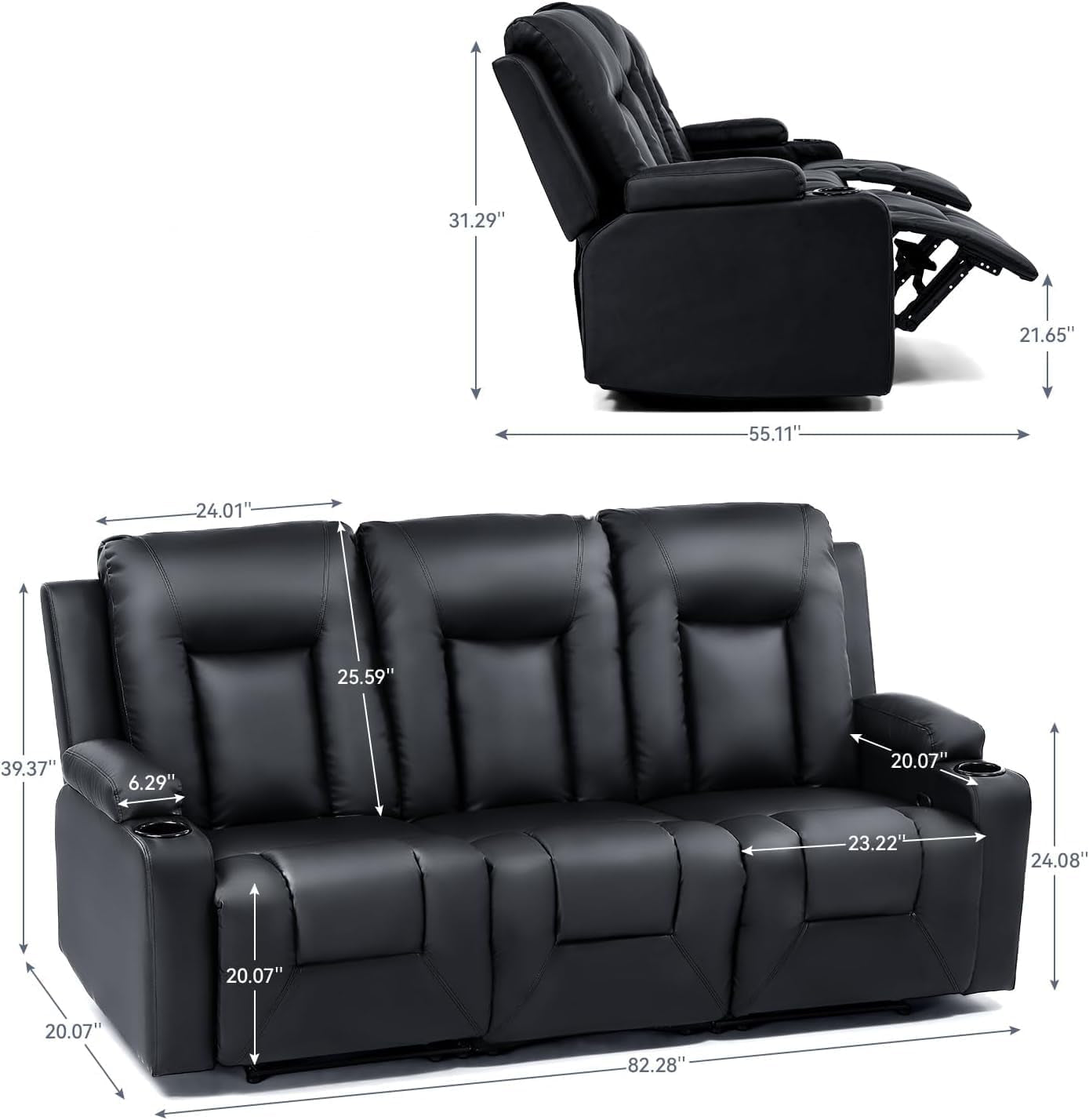 Leather Recliner Sofa Set with Manual Recliners,Living Room Furniture Set with Reclining Couch,Loveseat and Armchair,Living Room Chair with Cup Holders,Black (3+1+1)