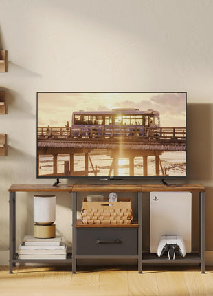 Industrial TV Stand with Fabric Drawer - Rustic Brown Entertainment Center for 50-55 Inch TVs with Open Storage Shelves for Living Room and Bedroom
