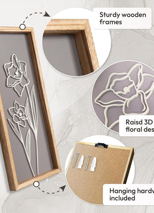 3D Wooden Floral Wall Art Set (4 Pieces) - Lightweight, Ready-to-Hang Framed Decor for Living Spaces - Premium Boho Botanical Farmhouse Decorations - Gift-Boxed
