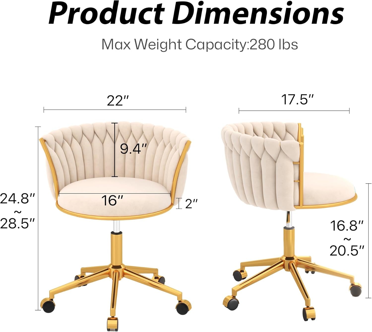 Velvet Woven Home Office Chair, Modern Swivel Desk Chair with Wheels, Height Adjustable Vanity Chair with Gold Metal Base and Hand Weaving Back, Beige