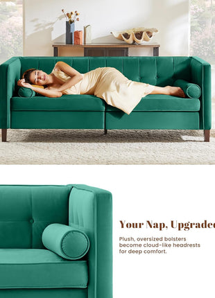 78-Inch Velvet Mid-Century Sofa with Bolster Pillows and Button Tufting for Living Room - Teal