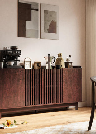 63" Mid-Century Storage Cabinet with Grille Doors and Adjustable Shelves in Natural Red Walnut for Kitchen, Dining Room, and Entryway