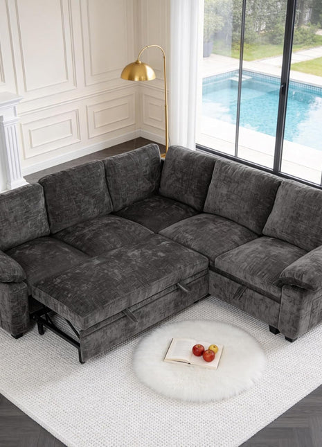 86 Inch Sectional Sleeper L Shaped Sofa with Pull Out Bed, 5 Seater Modular Sectional Sofa with Storage, Modern Chenille Cloud Couch, Sectional Couches for Living Room, Gray