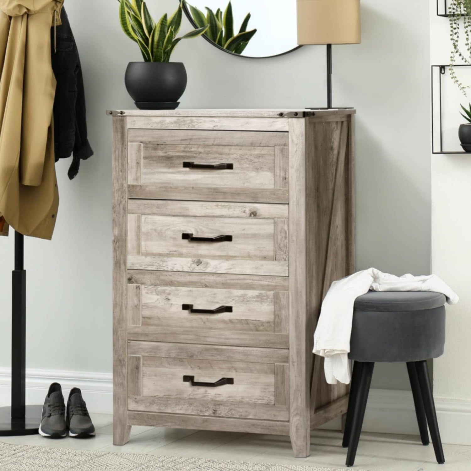 4PCS Farmhouse Dresser Set, Dresser and Nightstand Sets, Rustic Wooden Dresser Set. Including 6 Drawer Dresser & 4 Drawer Dresser & 2 Drawer Nightstand Set of 2 with USB. Light Rustic Oak