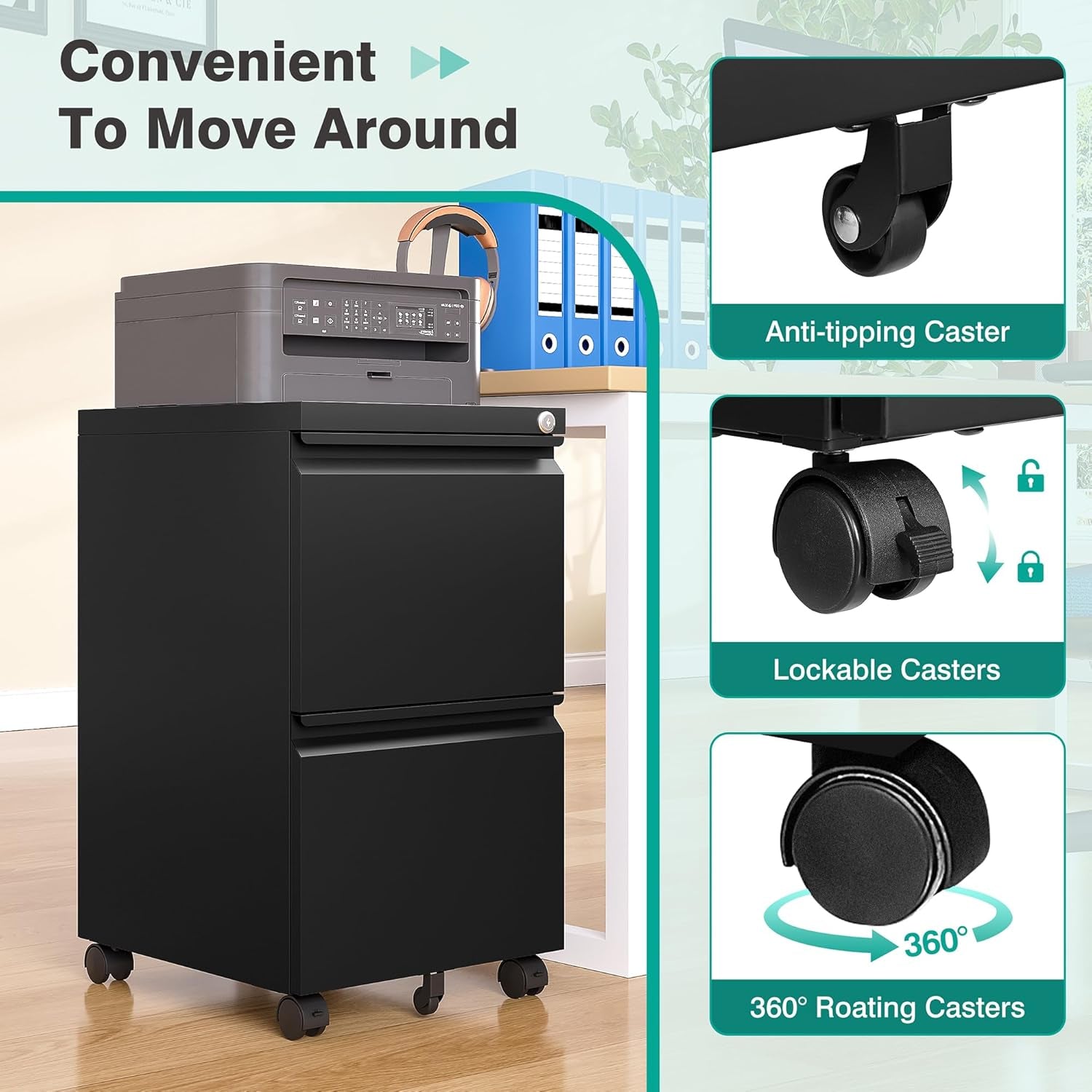 2 Drawer File Cabinet on Wheels,Metal Filing Cabinet with Lock,Black Rolling File Cabinets with Casters,Under Desk Office Cabinets for Home Office,Fit A4/Letter/Legal,Easy Assembly