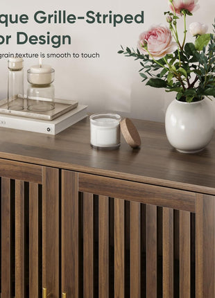63" Long Sideboard Buffet with 4 Louvered Doors, Adjustable She, and Gold Handles - Farmhouse Storage Cabinet for Entryway, Kitchen, Dining Room, and Living Room in Walnut Finish