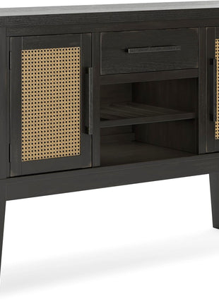 Galliden Urban 2-Door Dining Server by Signature Design by Ashley featuring Reversible Wine Rack Shelf, Adjustable Shelves, and Felt-Lined Drawer in Black and Light Brown