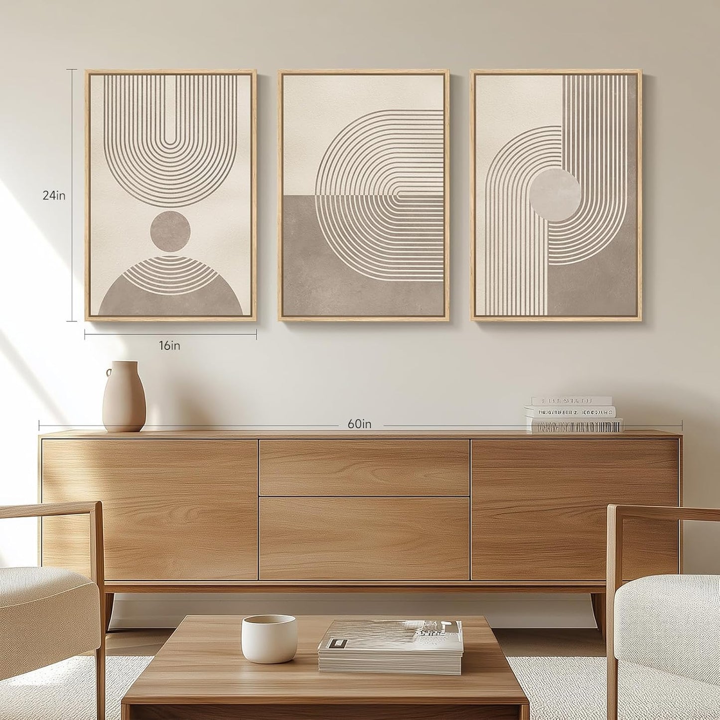 Framed Boho Neutral Abstract Wall Art for Living Room, 3 Piece Mid Century Modern Painting Prints, Minimalist Geometric Canvas Artwork for Dining Room Bedroom Hallway Office Wall Decor, 16X24 In