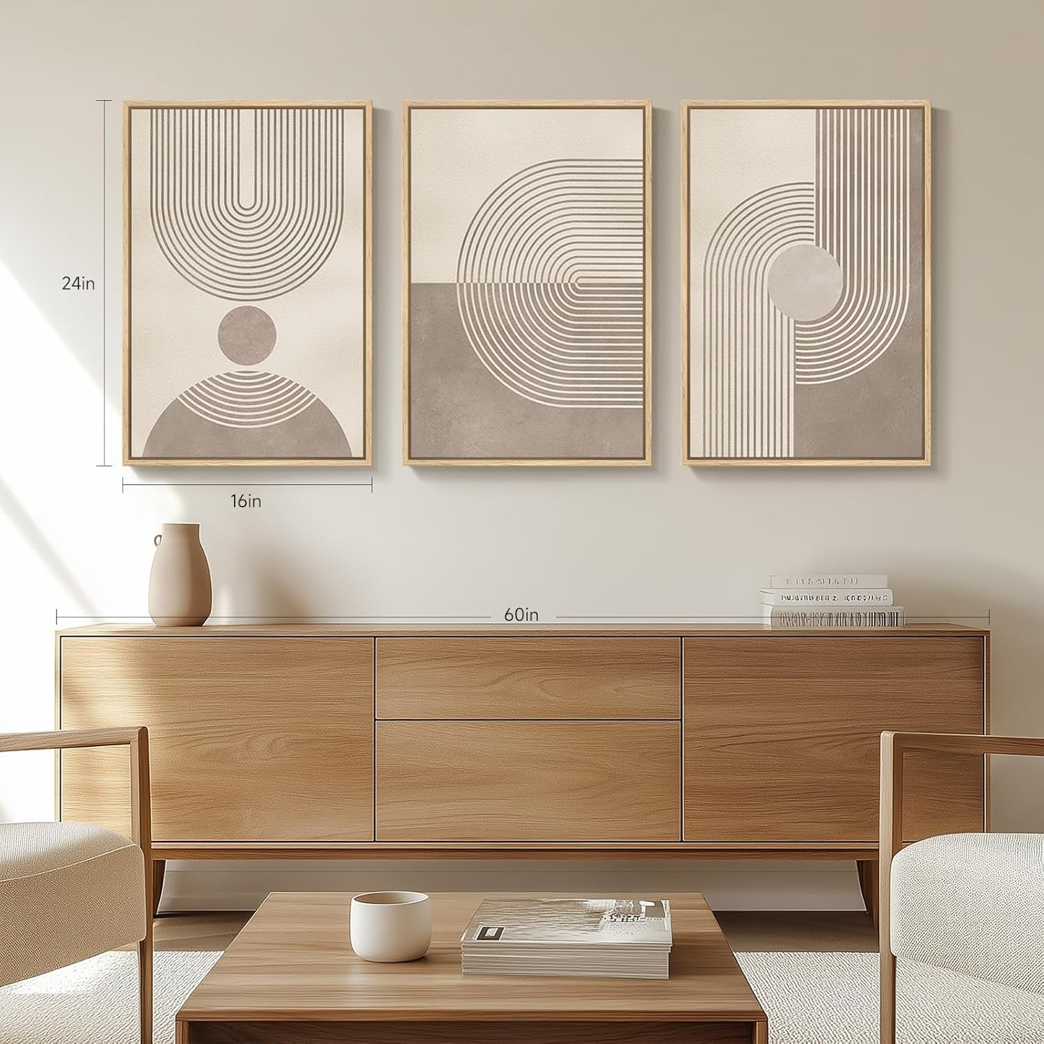 Framed Boho Neutral Abstract Wall Art for Living Room, 3 Piece Mid Century Modern Painting Prints, Minimalist Geometric Canvas Artwork for Dining Room Bedroom Hallway Office Wall Decor, 16X24 In