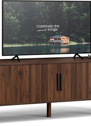 Contemporary TV Stand for Up to 60-Inch TVs, Entertainment Center with Sliding Doors and Adjustable Shelving, Walnut Finish, Perfect for Living Room and Bedroom Storage