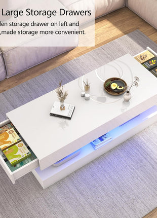 47.3-Inch High Gloss LED Coffee Table with Dual Storage Drawers, Modern Black and White Design for Living Room, App-Controlled LED Lighting