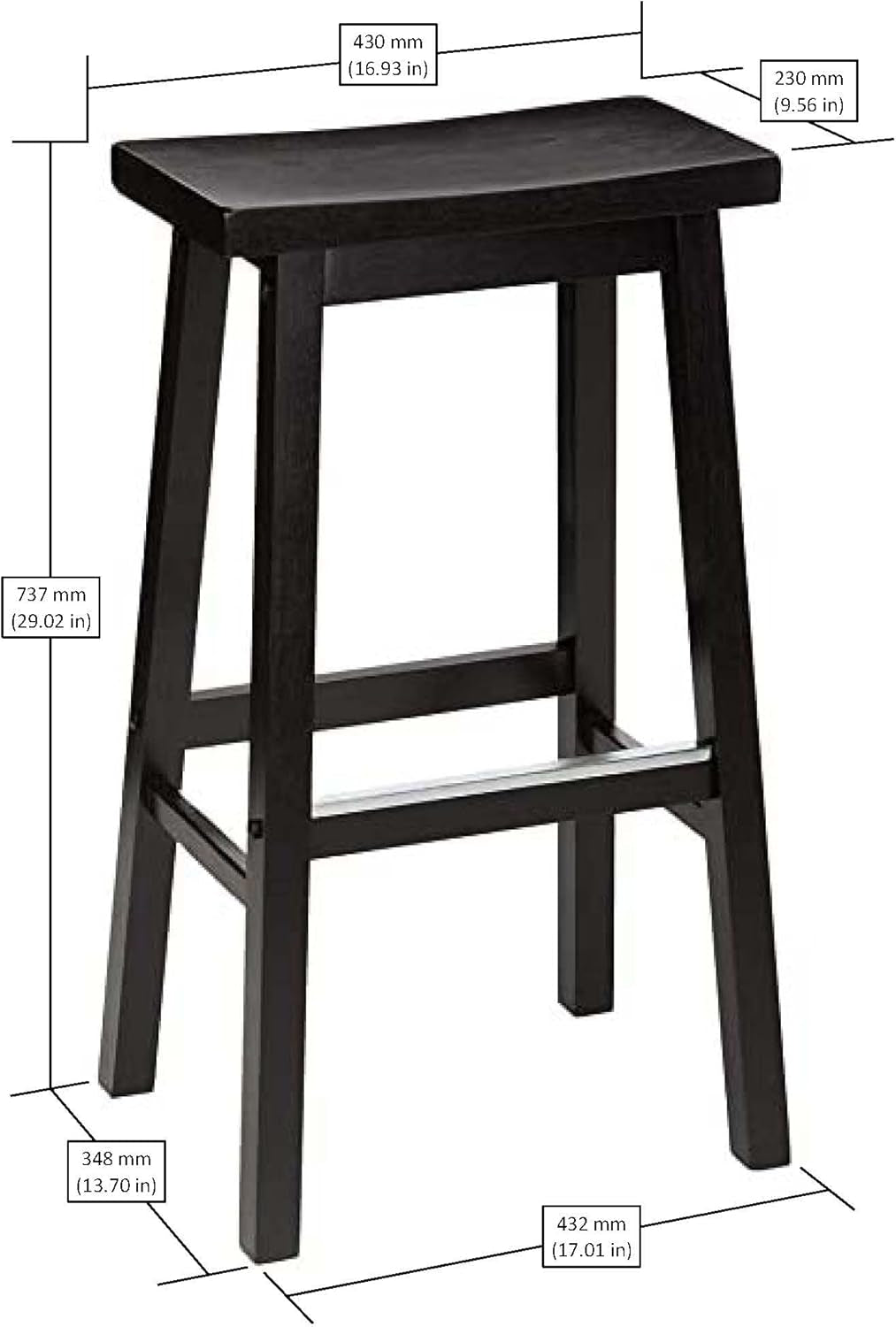 Solid Wood Saddle-Seat Kitchen Counter Barstool with Footrest, Easy Assembly - 29-Inch Height - Black - Set of 2