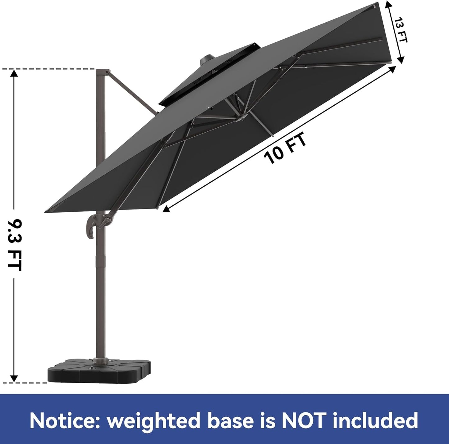 10X13Ft Cantilever Outdoor Patio Umbrellas, Double Top Large Rectangle Umbrella, Heavy Duty 360° Rotation Offset Outdoor Sun Shade Umbrella for Garden Deck Pool Backyard Patio, Grey