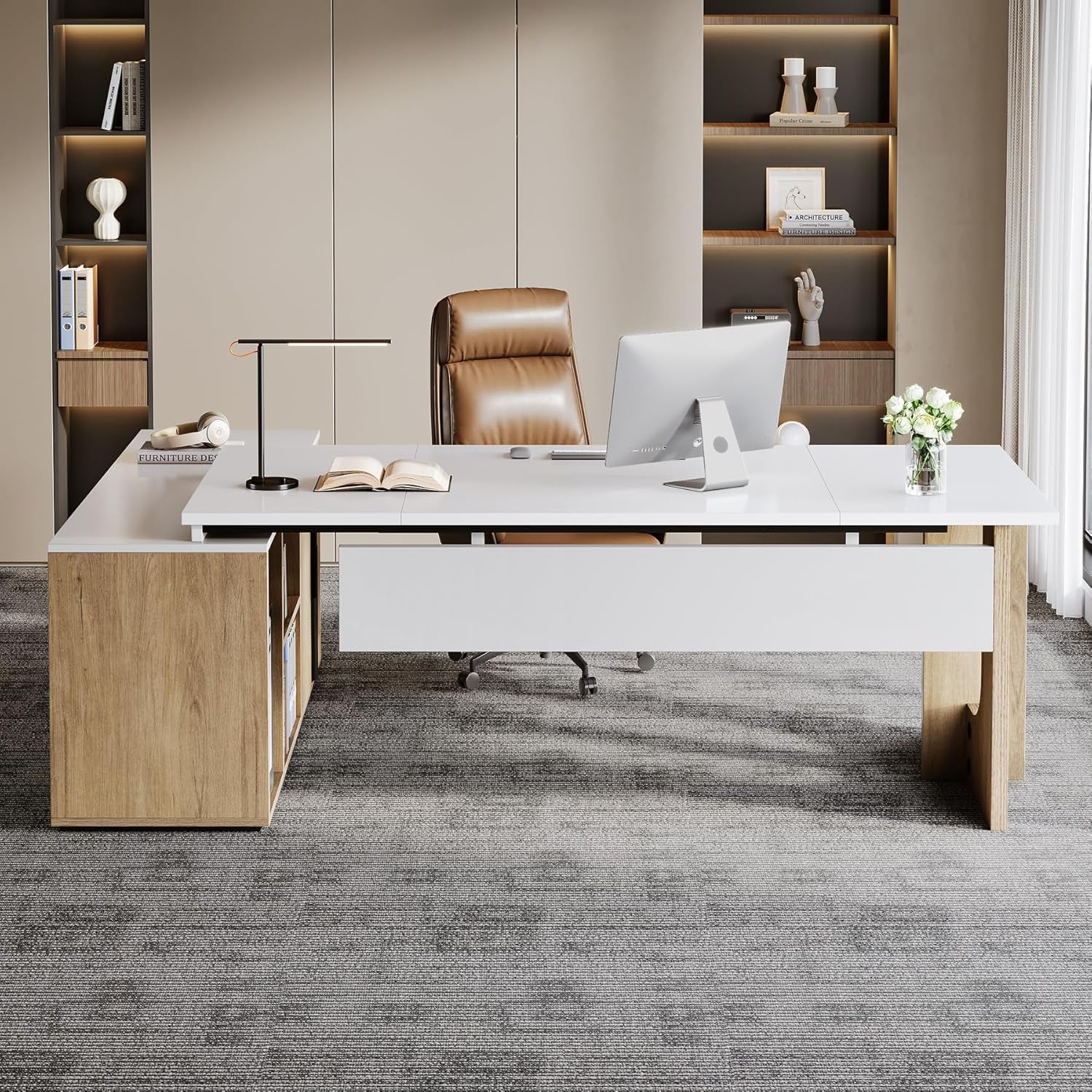 74.8 Inch Executive Desk, Large Office Desk with Cabinet, L Shaped Computer Desk with Shelves and CPU Storage, Modern Home Office Desks Business Furniture Workstation Set, White and Wood