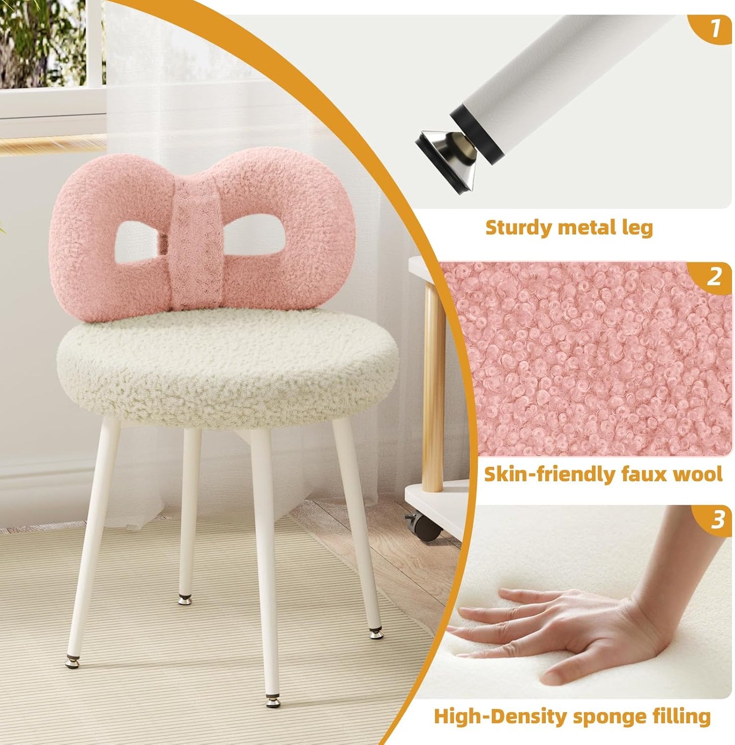 Swivel Vanity Chair with Back, Upholstered Desk Chair for Girls, Modern Makeup Vanity for Bedroom, Living Room (Pink and Off-White)