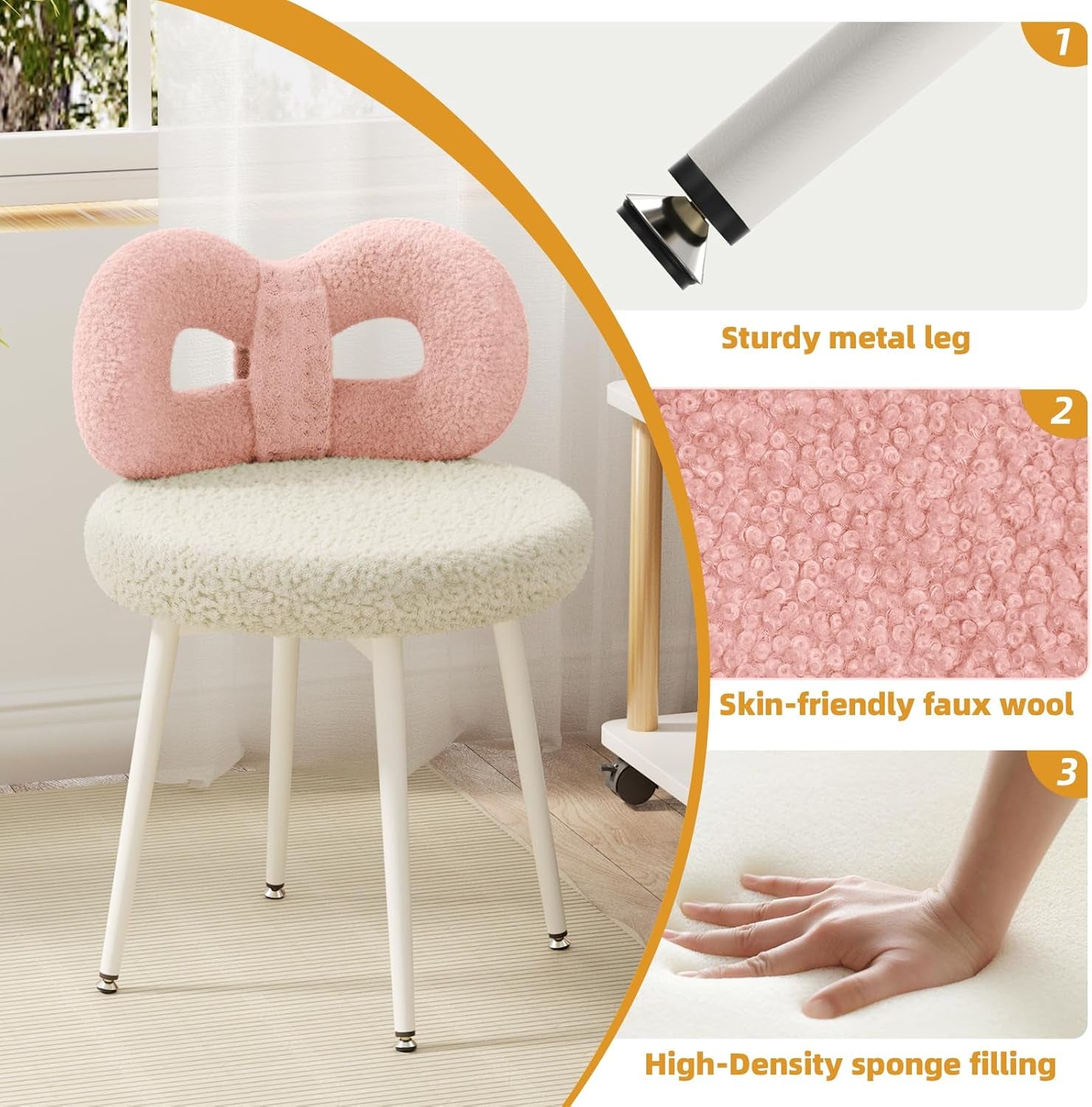 Swivel Vanity Chair with Back, Upholstered Desk Chair for Girls, Modern Makeup Vanity for Bedroom, Living Room (Pink and Off-White)