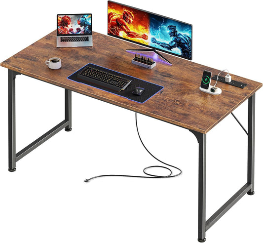 47 X 20 Inch Office Computer Desk with Power Outlets and USB-C Port, Larger Gaming Desk, for Home Office, Study, Bedroom, Writing Work from Home Table, Metal Frame, Rustic Brown