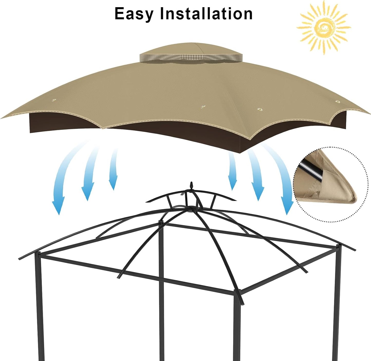 10X12 Replacement Gazebo Canopy Top Cover, Double Tiered Waterproof Canopy Roof for Lowe'S Allen Roth Gazebo #GF-12S004B-1 (Khaki, 10X12)