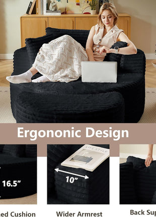 74.6" Oversized Round Chaise Lounge Chair with Ottoman - Fluffy Upholstered Corduroy Deep Seat Large Boneless Circle Sofa for Living Room and Bedroom, No Assembly Required, Black
